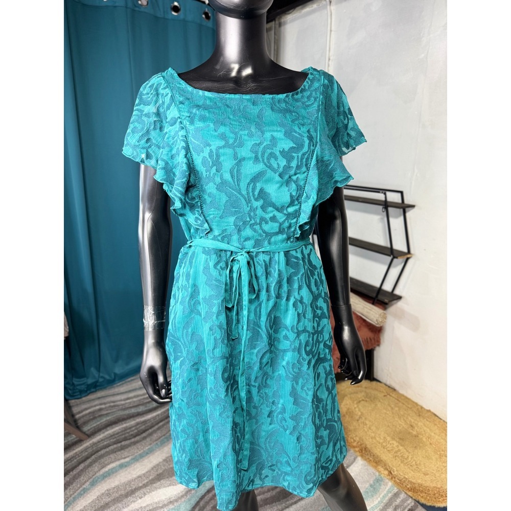 Moulinette Soeurs anthropologie Teal Lace Overlay Flutter Sleeve 14 dress - Picture 1 of 12